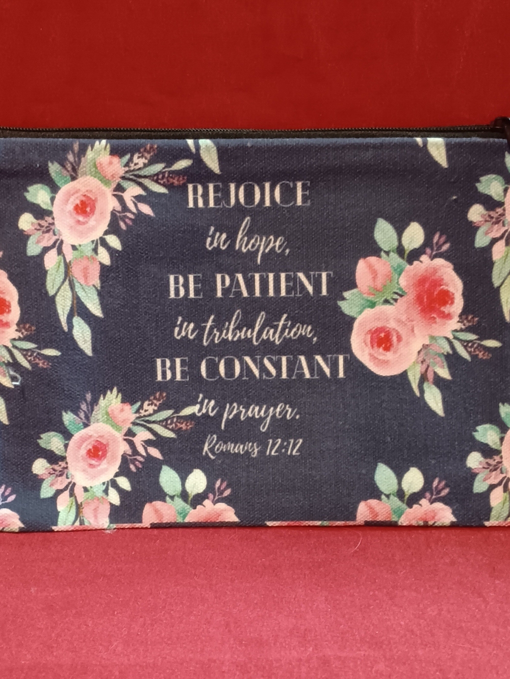 Rejoice Floral Canvas Cosmetic Bag - Navy with Pink Roses